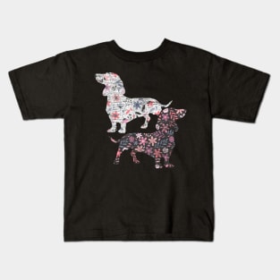 Dachshund Floral Pattern Grunge Style Kids T-Shirt